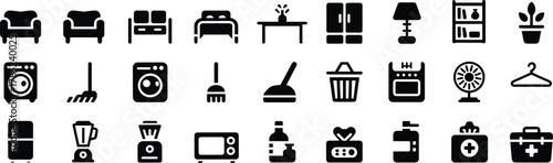 Black Household Icons – Minimalist Furniture, Appliances, and Home Essentials for UI, Inventory, and Educational Use