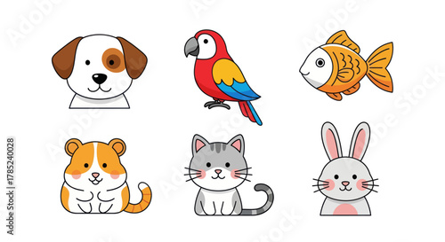 Cartoon animals illustration set dog parrot fish hamster cat rabbit