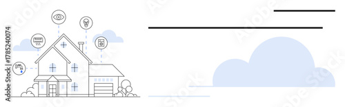 House surrounded by connected device icons, garage, and cloud design. Ideal for home automation, technology, security, IoT, energy efficiency innovation modern living. Simple flat metaphor