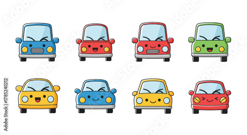 Cartoon cars collection colorful vehicles with smiling faces on white background