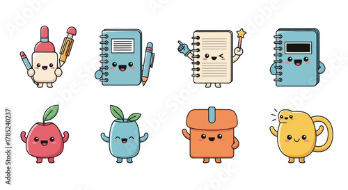 Cartoon characters representing stationery food and office supplies collection