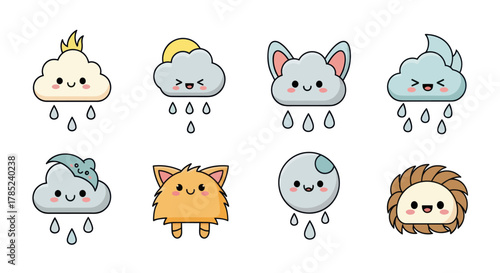 Cartoon clouds and creatures with raindrops weather and playful illustrations