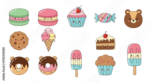 Cartoon dessert collection colorful treats and sweet characters