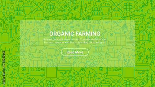 Organic Farming Line Art Website Banner. Vector Illustration of Linear Poster. Farm Scene Organic Fields, Local and Agricultural Icons. Outline Design. Sustainability, Healthy Food, Land, And Nature.