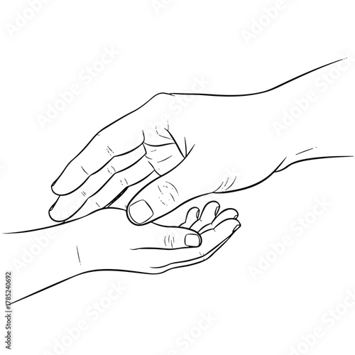 Illustrative concept of a nurturing adult hand reaching out to gently support and protect a child's hand, embodying parental care, guidance, and the warmth of intergenerational connection