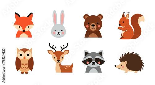 Cartoon forest animals collection fox rabbit bear squirrel owl deer raccoon hedgehog