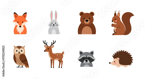 Cartoon forest animals collection fox rabbit bear squirrel owl deer raccoon hedgehog
