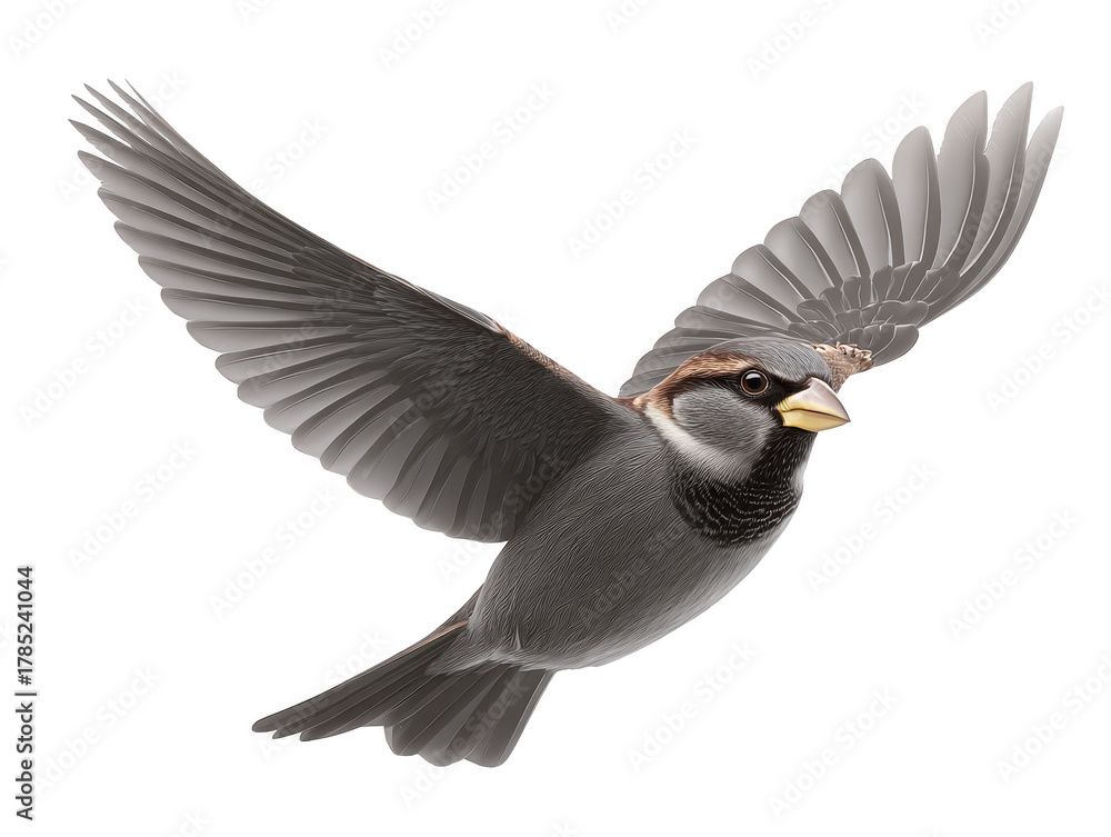Naklejka premium Flying sparrow bird with outstretched wings, detailed feathers, and natural brown and gray coloring, isolated on transparent background, symbolizing freedom and movement