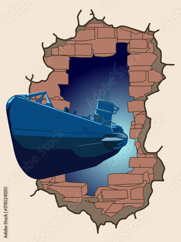 A vector illustration of a blue submarine punching a hole in a wall. Abstract art symbolizing the power and might of the submarine fleet.