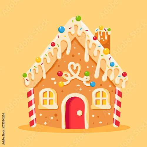Vibrant, cartoon-style gingerbread house illustration with colorful Christmas candies on a yellow background. Perfect for holiday greeting cards and festive designs. EPS 10