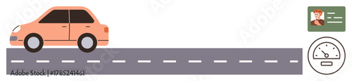 Orange car moves on a lane-marked road with speedometer and drivers license elements. Ideal for driving safety, traffic regulations, vehicle ownership, travel, road instruction, licensing, simple