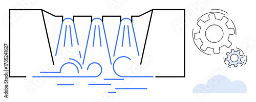 Dam releasing water in streams into a reservoir, surrounded by gears symbolizing engineering, and a cloud for environmental context. Ideal for energy, sustainability, water conservation, clean power