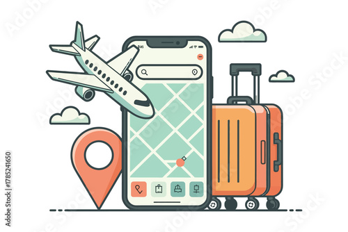 Cartoon illustration of travel planning with phone airplane and luggage
