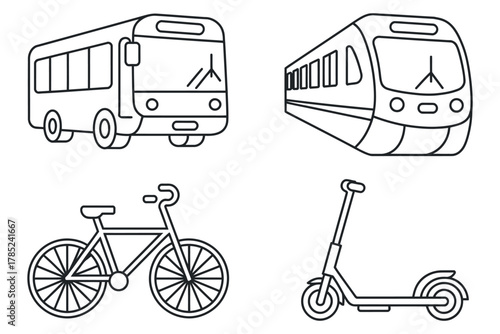 Line drawings depicting bus train bicycle and scooter on a white background