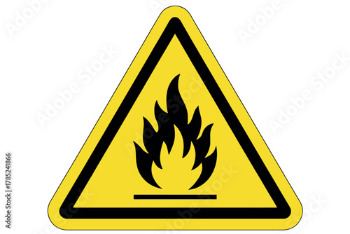Yellow triangle warning sign with black border and flames inside on white background