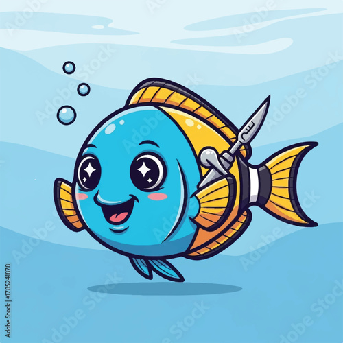 Happy Cartoon Fish Character with a Spear, Underwater Scene