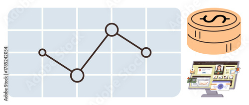 Line graph tracking data trends, stack of coins, and desktop with data analytics dashboard. Ideal for finance, investment, business strategy, data insights, research economy and planning. Simple