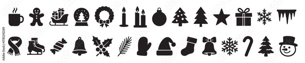 Obraz premium Black and white christmas and new year icons set featuring holiday symbols including gifts, snowflakes, candles on white background. seasonal decor, winter festivity, celebration, design elements