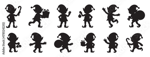 Black silhouettes of playful christmas elves with gift boxes and candy canes, set on white background. concept of holiday spirit, festive decor, cute characters, design element.