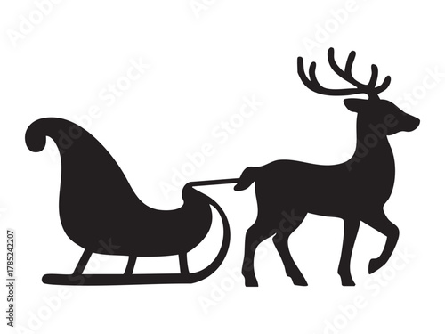 Black silhouette of reindeer pulling sleigh, isolated on white background. concept of christmas, new year, festive season, holiday decor, winter icon, design element