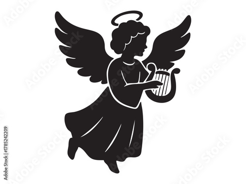 Black silhouette of christmas angel playing lyre, isolated on white background. concept of holiday spirit, guardian, festive decor, icon, logo, design element