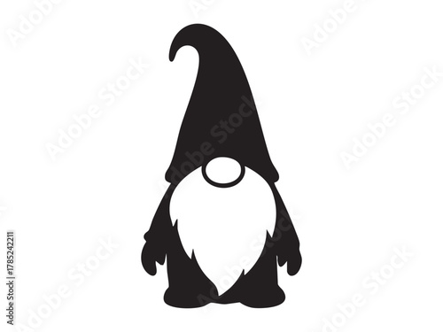 Black silhouette of christmas elf gnome with snowy beard and tall hat, isolated on white background. concept of holiday, mythical creature, festive decor, magic, seasonal icon.
