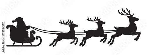 Black silhouette of santa claus in sleigh pulled by reindeer, isolated on white background. concept of christmas, holiday spirit, winter, festive decor, tradition, santa's journey
