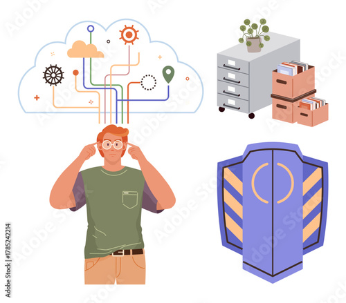 Man contemplating cloud network with interconnected icons, secure shield, file storage, and digital pathways. Ideal for data protection, cloud computing, cybersecurity, information management
