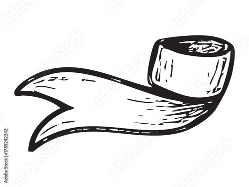 Black hatching drawing of decorative ribbon unraveling, isolated on white background. concept of hand-drawn art, banner, sketch design, decor element, holiday ornament, graphic illustration