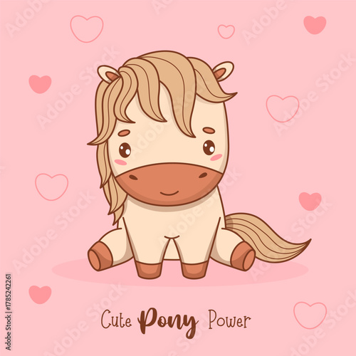 Cute Little Pony. Adorable Horse Kawaii Animal on Pink Background with Hearts. Vector illustration. Romantic Card. Not AI