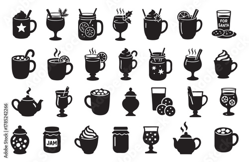 Black silhouettes of various christmas and new year drinks and snacks isolated on white background. concept of holiday beverages, festive objects, seasonal decor, icon, design element