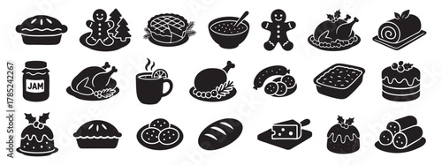Festive black silhouettes of holiday treats on white background, concept of christmas food, new year dishes, culinary delights, gingerbread, pie, roast, dessert, icon, logo, design element