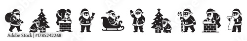 Black and white illustrations of santa claus in various holiday scenes, including chimney, sleigh, christmas tree, gift delivery. concept of christmas, new year, holiday decor, icon, design element