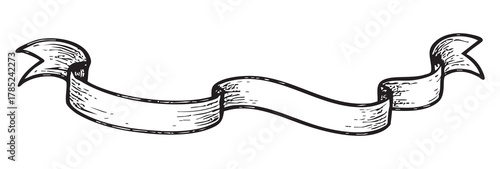 Black hatching drawing of ribbon banner, isolated on white background. concept of design element, decoration, vintage style, ornate scroll, illustration, blank space for text