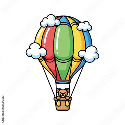 Adorable cartoon teddy bear soaring high in a vibrant, rainbow-striped hot air balloon, surrounded by fluffy white clouds, representing childhood dreams and playful adventures