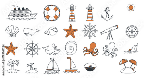 Nautical themed illustrations a cruise ship sailing lighthouses glowing and sea life thriving perfect for summer travel and vacation themed designs.