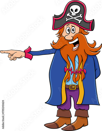 funny cartoon pirate or corsair captain character pointing something