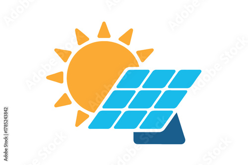 Illustration of a yellow sun and a blue solar panel on a white background