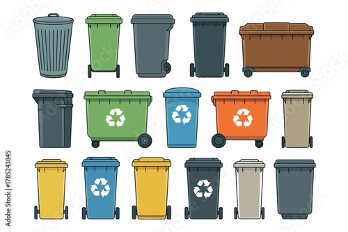 Illustration of various colored trash cans and recycling bins on white background