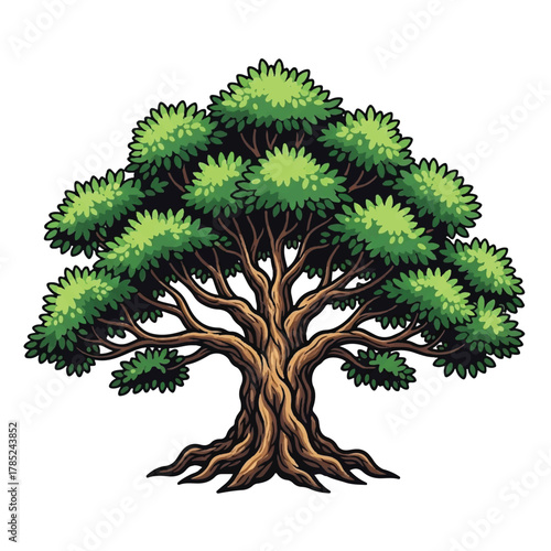 Vibrant illustration of a large, mature tree with lush green foliage and thick, gnarled branches, symbolizing growth and nature