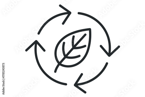 Outline drawing of a leaf surrounded by a circular arrow formation symbol