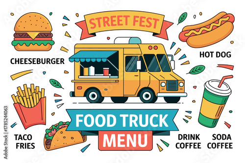 Illustration of a food truck menu with cheeseburger hot dog and taco fries