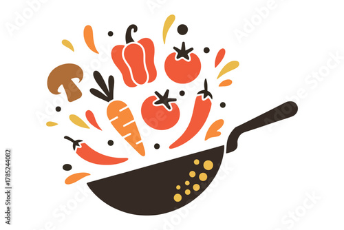 Stylized illustration of vegetables and spices being tossed in a pan