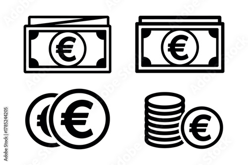 Black and white euro currency symbols in money stacks and coin piles icons