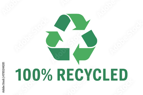 A green recycling symbol with the words one hundred percent recycled below it