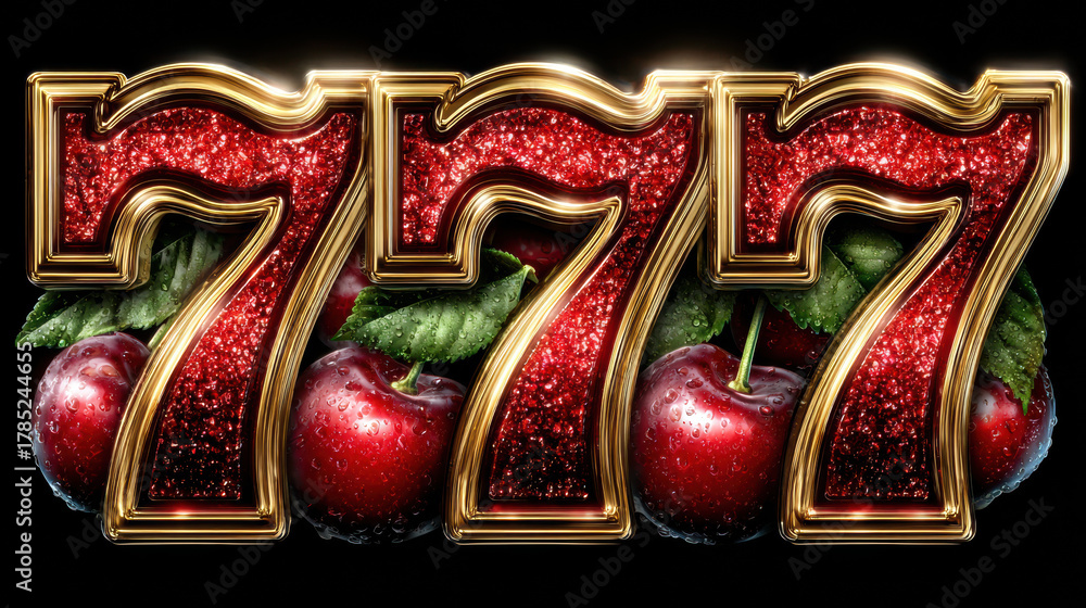 Naklejka premium Golden framed 777 numbers with sparkling red glitter. Dewy cherries and green leaves symbolize casino luck, jackpot success on a black background.