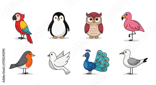 Cartoon birds collection diverse illustrations of various avian species