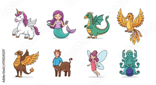 Cartoon creatures collection of mythical characters in vibrant illustrations