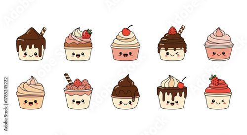 Cartoon cupcakes collection vector illustration for dessert and sweet treats