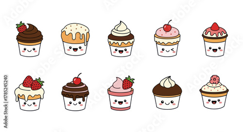 Cartoon cupcakes collection with various flavors and smiling faces